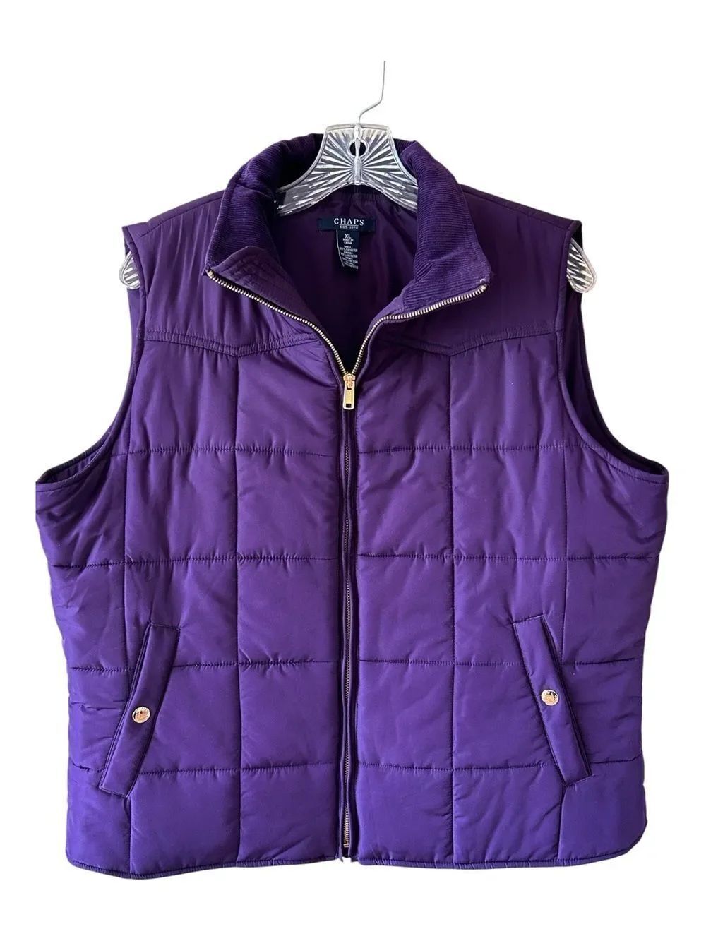 Chaps Quilted Purple Puffer Vest with Corduroy Collar